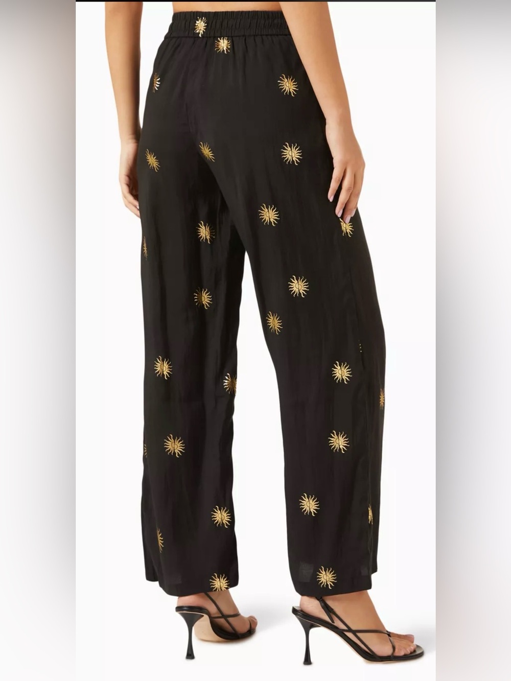 Never Fully Dressed Black Wide-Leg Pants with Gold Sun Embroidery